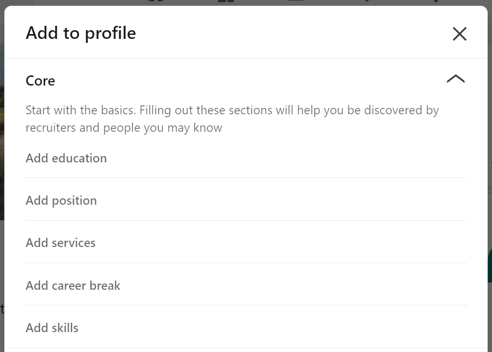 Image of the core section of your profile when you can add your education, position, services, career break(s), and skills.