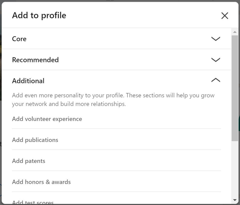 Snapshot of the additional section where you can add volunteer experience, publications, patents, honors & awards, test scores, languages, organizations, causes, and interests.