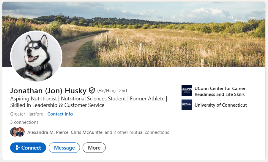 A snapshot of Jonathan (Jon) Husky's LinkedIn profile to demonstrate where the blue connect button is.
