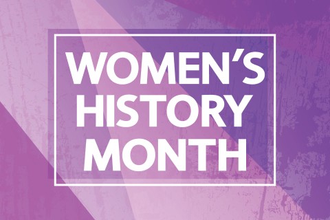 An image a purple background with splatter paint and the text says Women's History Month.