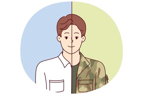 Illustration comparing two sides of a man's life. On the left, he wears a white shirt against a blue background, representing civilian life. On the right, he wears a camouflage jacket against a green background, representing military service.