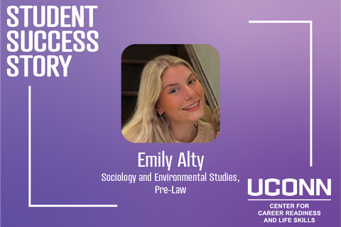 A student success story graphic featuring Emily Alty. The background is purple with white text. A centered photo of Emily Alty shows her smiling, with blonde hair, wearing earrings. Below her name, her fields of study are listed: Sociology and Environmental Studies, Pre-Law. The UConn logo is at the bottom right, along with the text