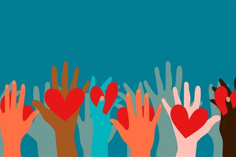 Illustration of diverse hands reaching upward against a teal background, with several hands holding or forming red heart shapes, symbolizing unity, love, support, and community involvement.