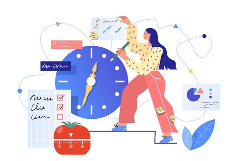 Illustration of a woman managing time and tasks. She stands in front of a large clock holding a checklist and a pen. Around her are various charts, graphs, and sticky notes. A red tomato-shaped kitchen timer set to 25 minutes sits beside a to-do list with checkboxes.
