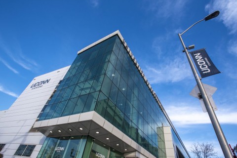 Image of the UConn Stamford building shot from outside.