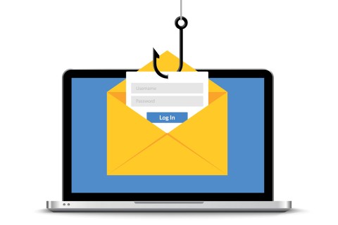 An illustration of a figurative phishing attempt. The image shows an email icon on a laptop screen attached to a fishing hook.