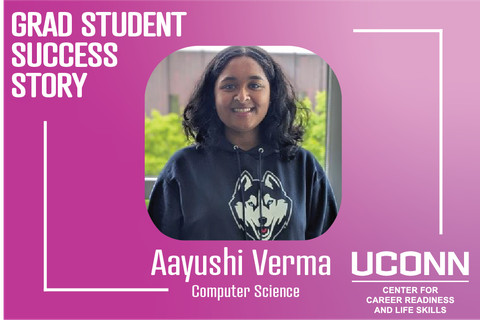 Aayushi Verma, UConn PhD student in Computer Science, smiling in a Husky sweatshirt on a purple “Grad Student Success Story” background.