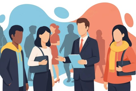 Illustration of a diverse group of people at a networking event or job fair.