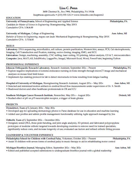 Master S Student Resume Samples Career Services