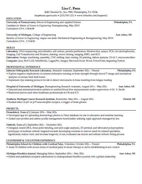 Master S Student Resume Samples Career Services University Of Pennsylvania