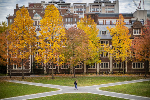The center of the Quad in fall. A lone figure stands at the center of a four wau crossroads.
