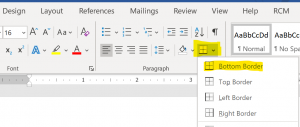 Screenshot of the "Home" ribbon - in the "Paragraph" section the "Borders" button is highlighted.