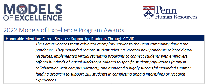An annoucement that Career Services recieved honorable mention in the 2021 Penn Models of Excellence Awards for Supporting Students During COVID-19